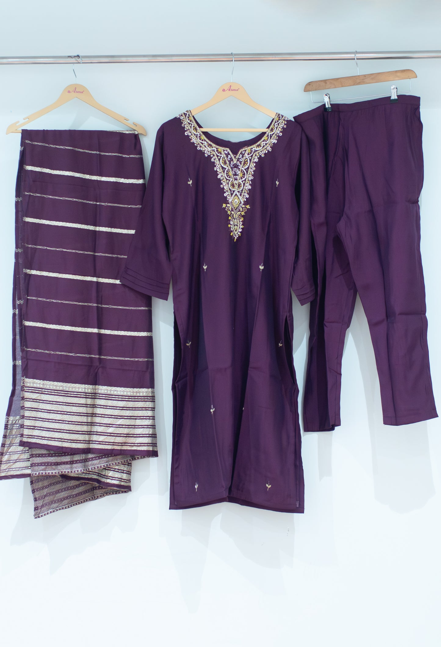 Plum Purple Embroidered Kurta Pant Set with Dupatta for Women