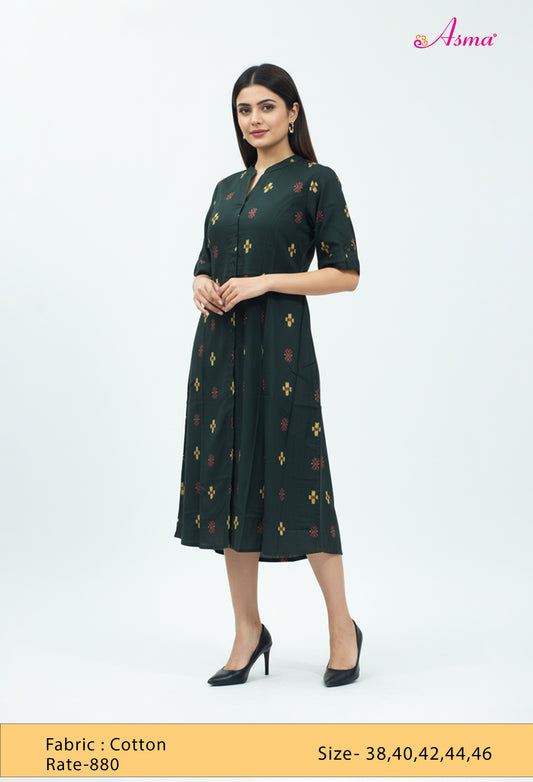 Dark Green Printed Cotton Straight Kurta for Women
