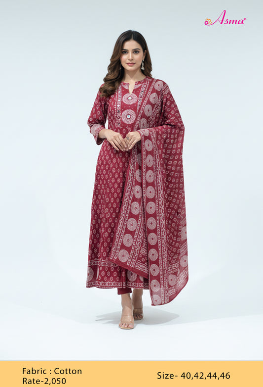 Maroon Ethnic Print Cotton Kurta Set with Dupatta for Women (IOS-534)