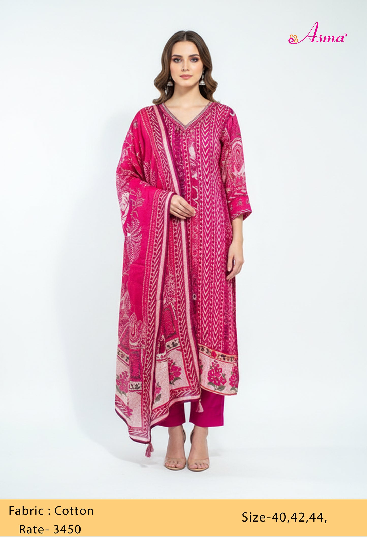 Hot Pink Chevron Print Kurta Set with Dupatta & Straight Pants