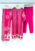 Hot Pink Chevron Print Kurta Set with Dupatta & Straight Pants