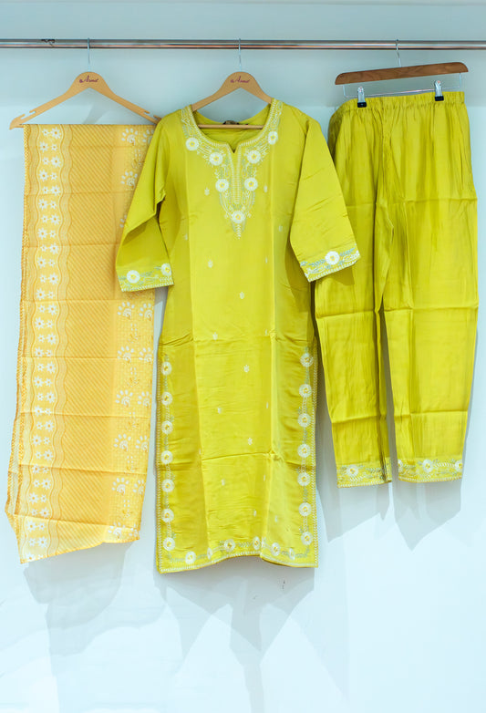 Bright yellow embroidered kurta set with dupatta and straight pants – view 2