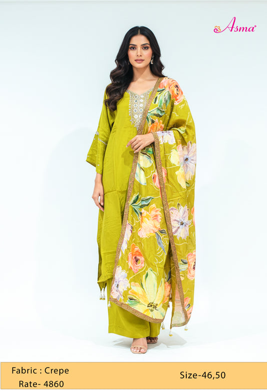 Olive Green Embroidered Kurta Set with Floral Dupatta & Straight Pants