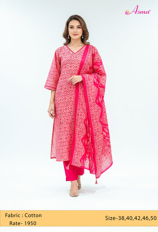 Pink Ikat Printed Kurta Set with Dupatta & Straight Pants