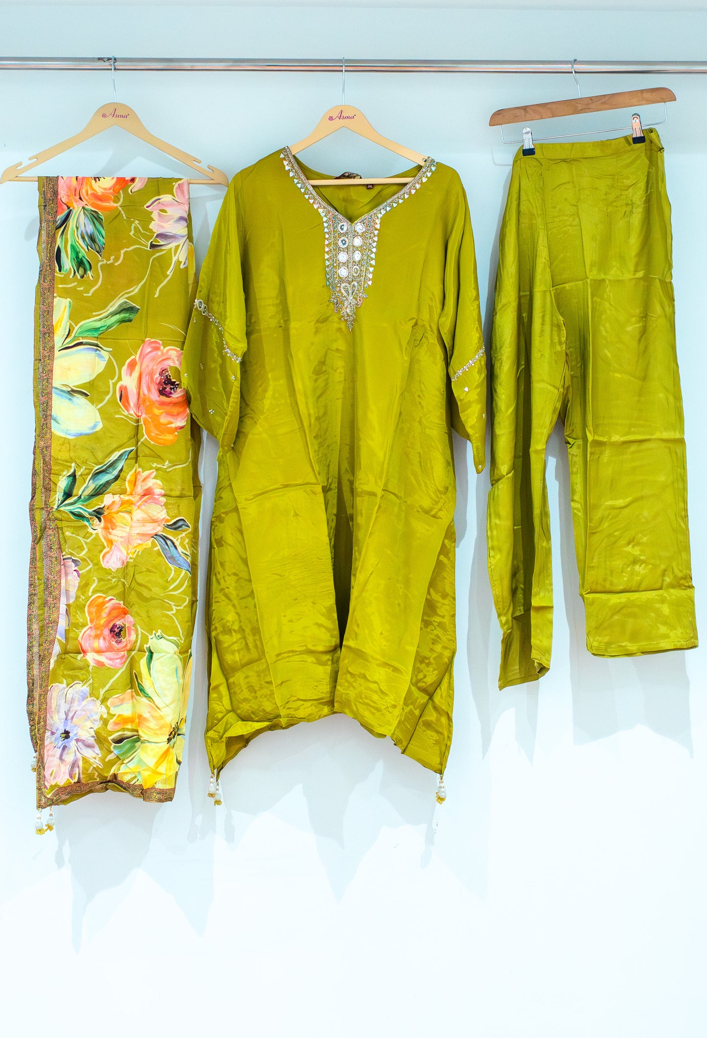 Olive Green Embroidered Kurta Set with Floral Dupatta & Straight Pants