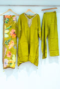 Olive Green | Olive green embroidered kurta set with floral dupatta and straight pants – view 2 | 2