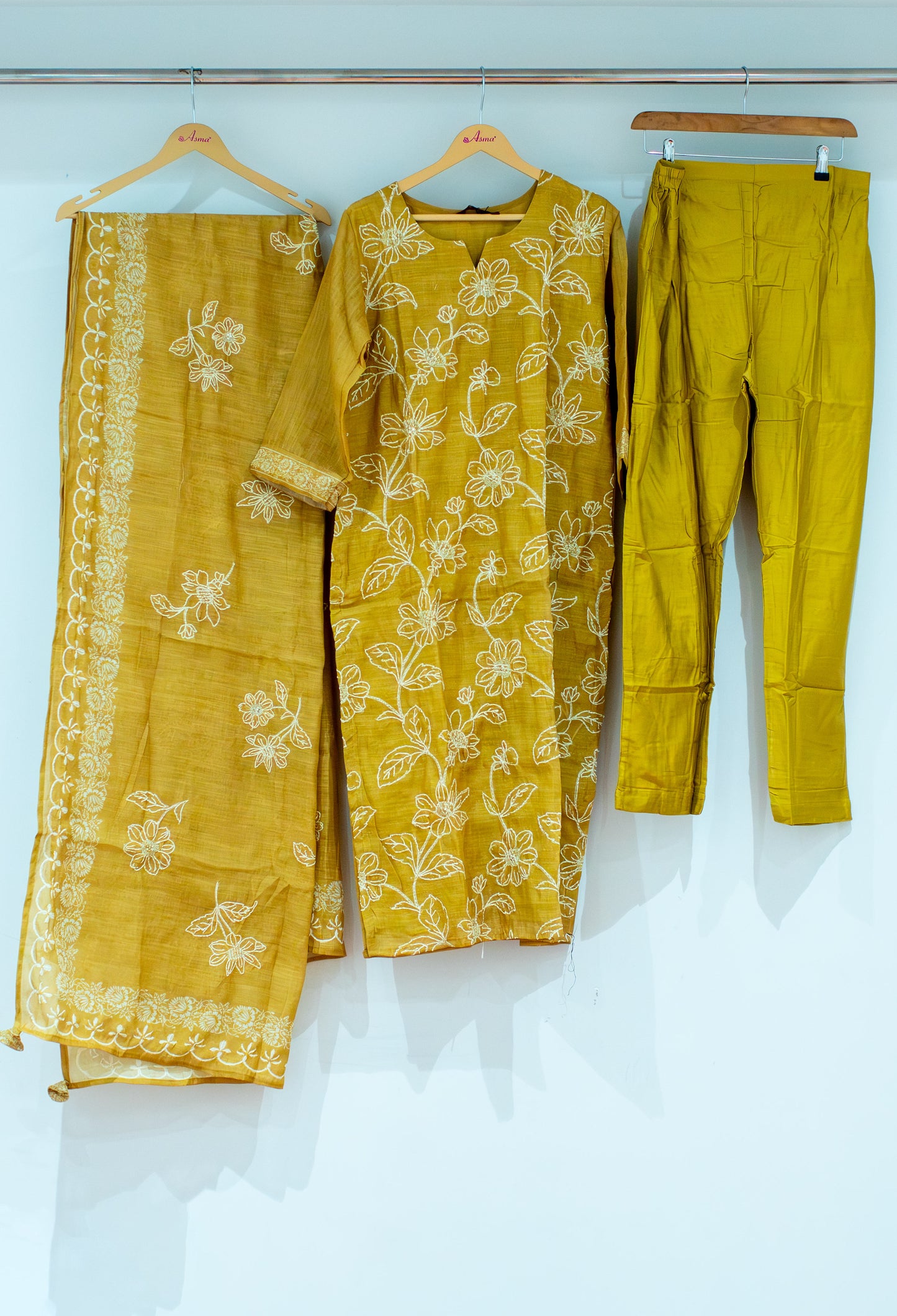Mustard Yellow Floral Embroidered Kurta Set with Dupatta & Straight Pants