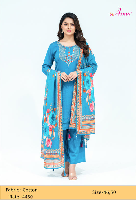 Teal Blue Embroidered Kurta Set with Floral Dupatta & Straight Pants