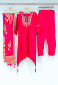 Hot Pink Embroidered Kurta Set with Floral Dupatta & Straight Pants