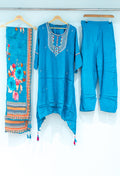 Teal Blue Embroidered Kurta Set with Floral Dupatta & Straight Pants