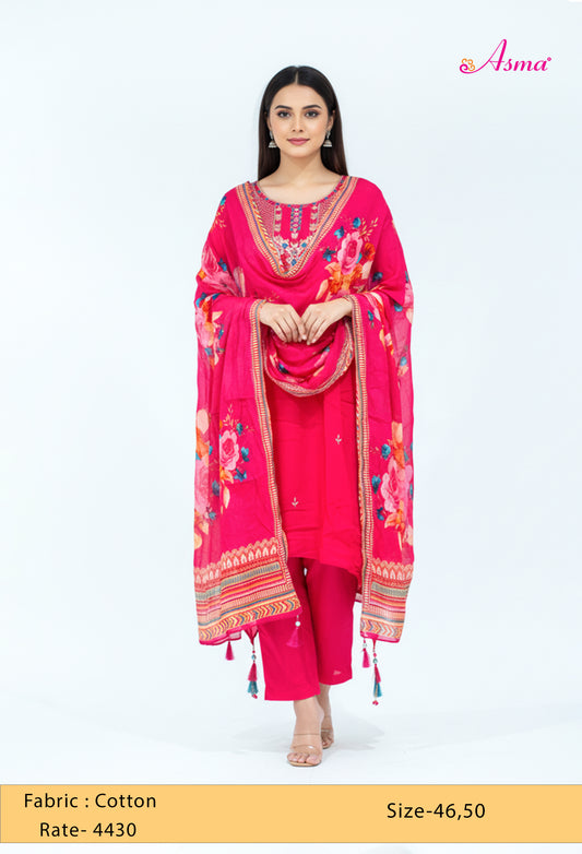 Hot Pink Embroidered Kurta Set with Floral Dupatta & Straight Pants