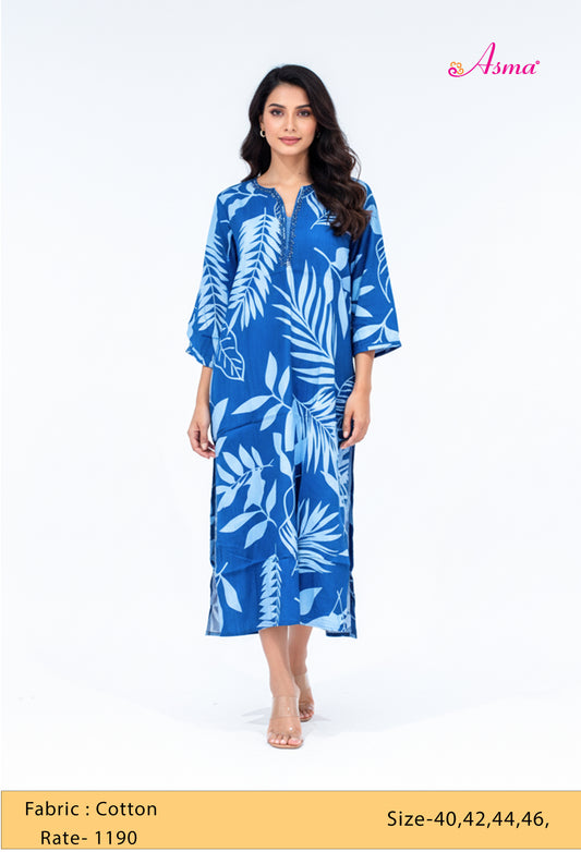Blue Tropical Leaf Print Straight Kurta for Women