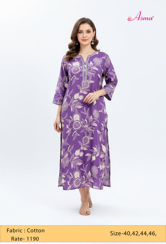 Purple Floral Print Straight Kurta for Women