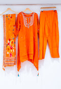 Bright Orange Embroidered Kurta Set with Floral Dupatta & Straight Pants