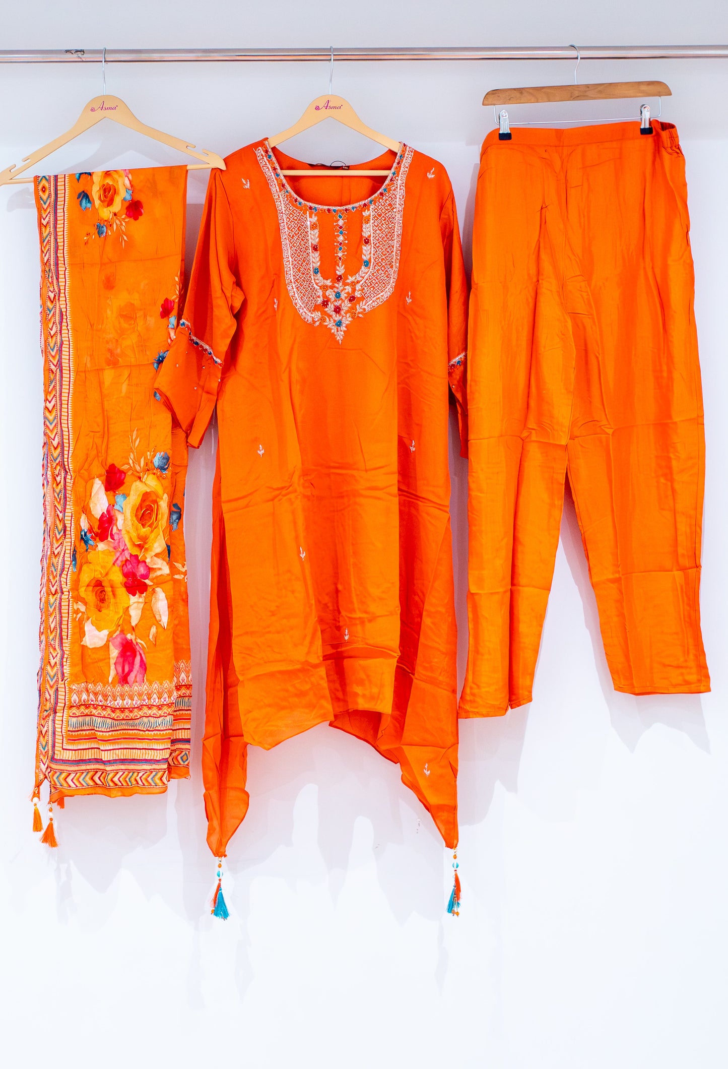 Bright Orange Embroidered Kurta Set with Floral Dupatta & Straight Pants