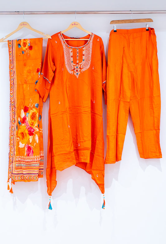 Bright orange embroidered kurta set with floral dupatta and straight pants – product image 2
