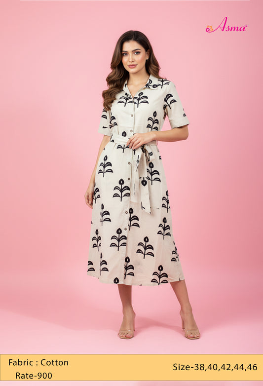 Cream Printed Shirt Dress with Waist Tie-Up