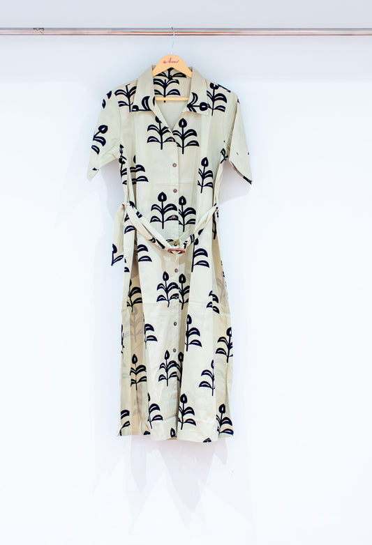 Cream botanical printed shirt dress with waist tie-up – product image 2