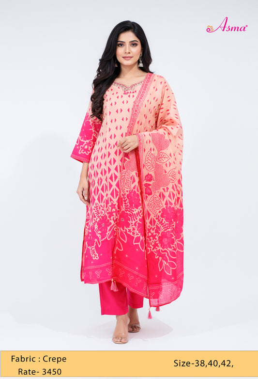 Peach & Hot Pink Printed Kurta Set with Dupatta & Straight Pants