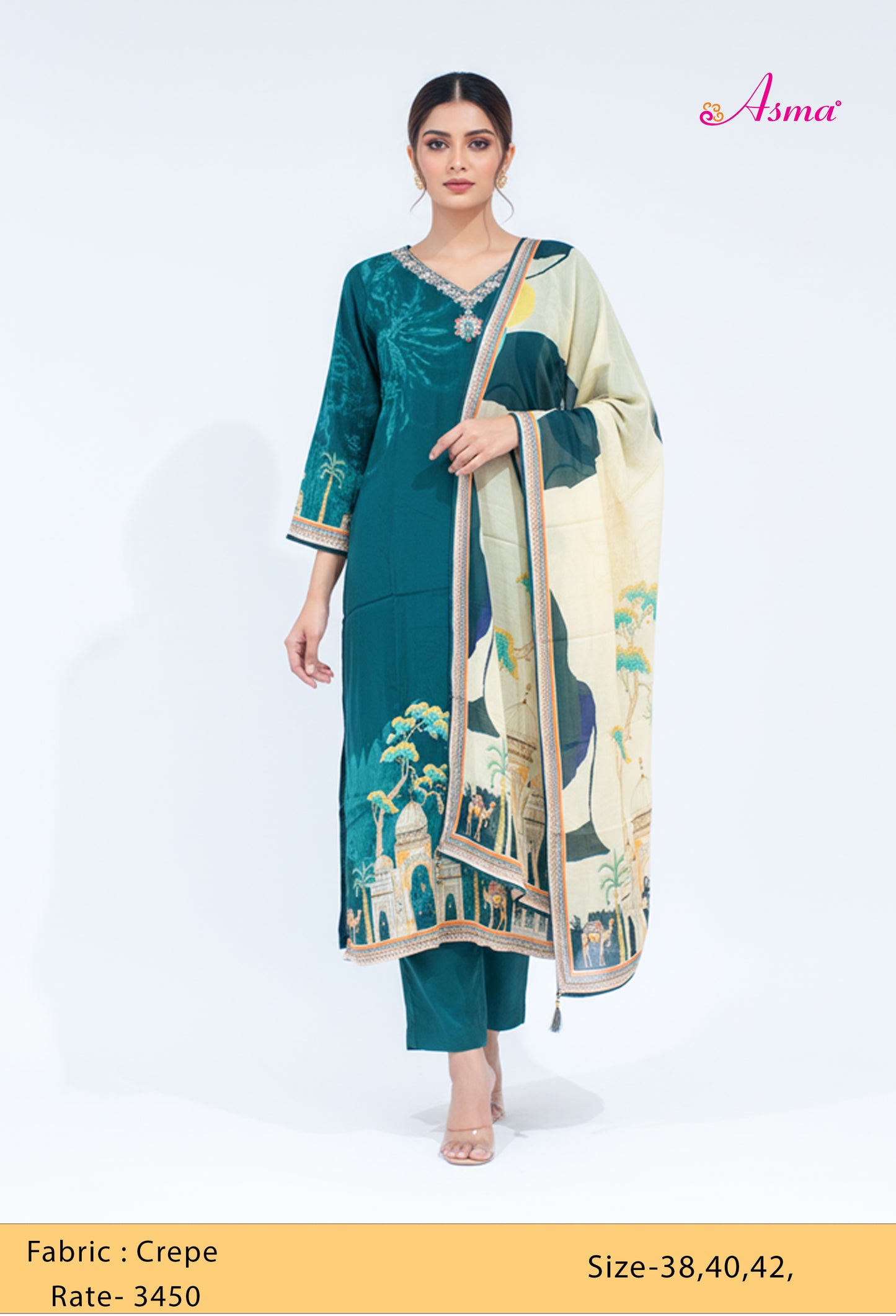 Emerald Green Scenic Print Kurta Set with Dupatta & Straight Pants