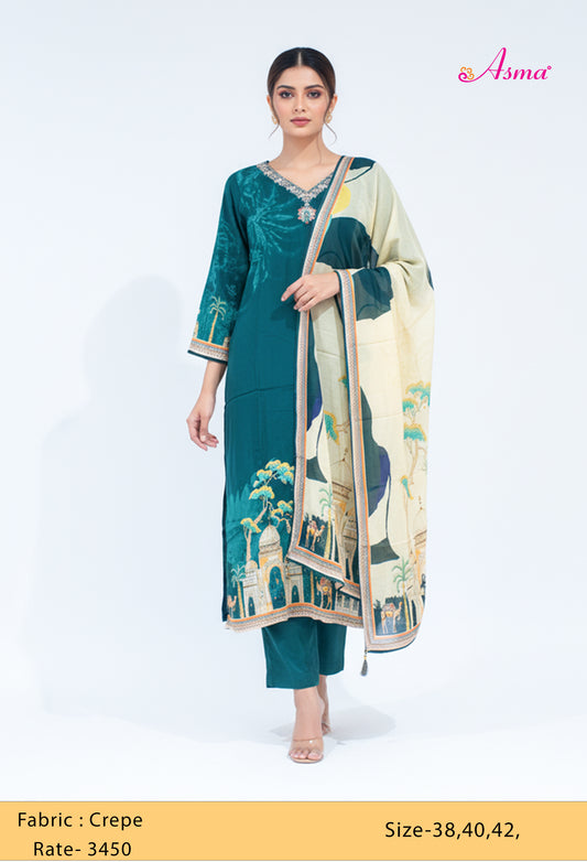 Emerald Green Scenic Print Kurta Set with Dupatta & Straight Pants