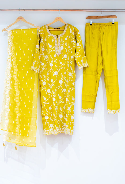 Mustard yellow floral embroidered kurta set with dupatta and straight pants – view 2