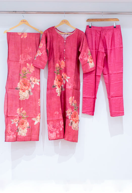 Rose pink floral printed kurta set with dupatta and straight pants – view 2