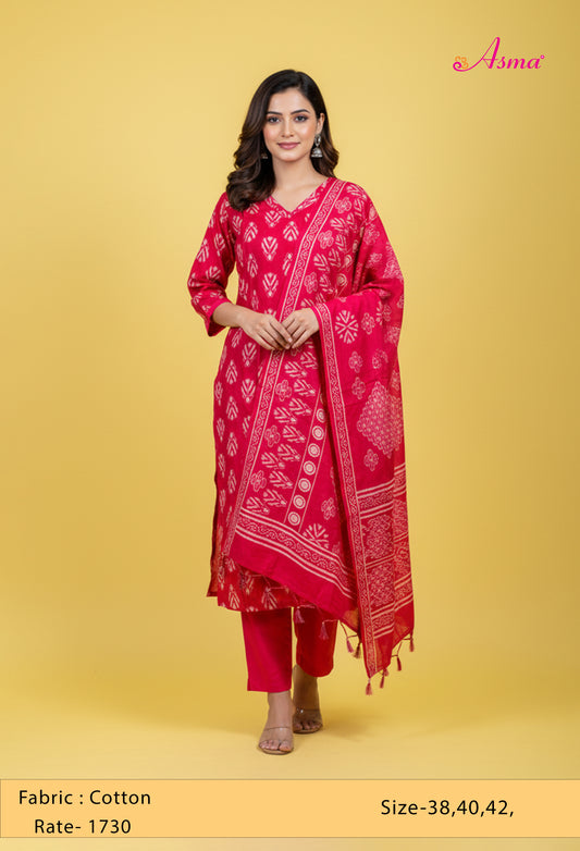 Red Ikat Printed Kurta Set with Dupatta & Straight Pants