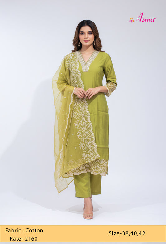 Olive Green Embroidered Kurta Set with Dupatta & Straight Pants