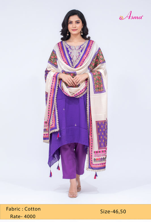 Royal Purple Embroidered Kurta Set with Printed Dupatta & Straight Pants