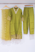 Olive Green Embroidered Kurta Set with Dupatta & Straight Pants