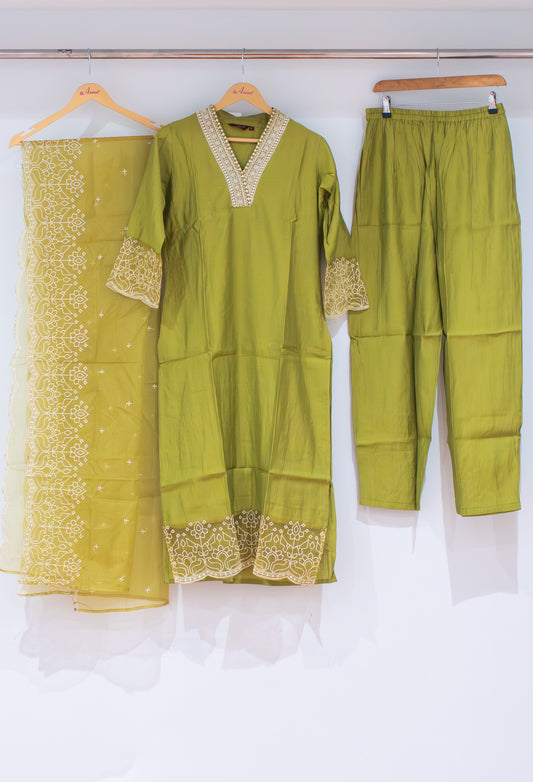 Olive green embroidered kurta set with dupatta and straight pants – view 2