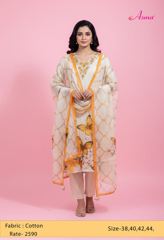 Beige Butterfly Printed Kurta Set with Dupatta & Straight Pants