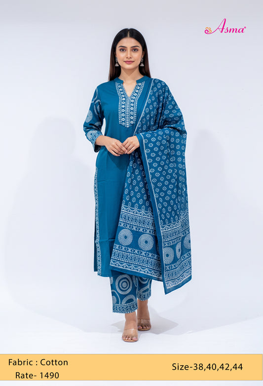 Teal Blue Printed Kurta Set with Dupatta & Straight Pants