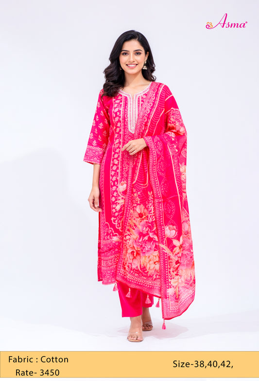 Bright Pink Floral Printed Kurta Set with Dupatta & Straight Pants