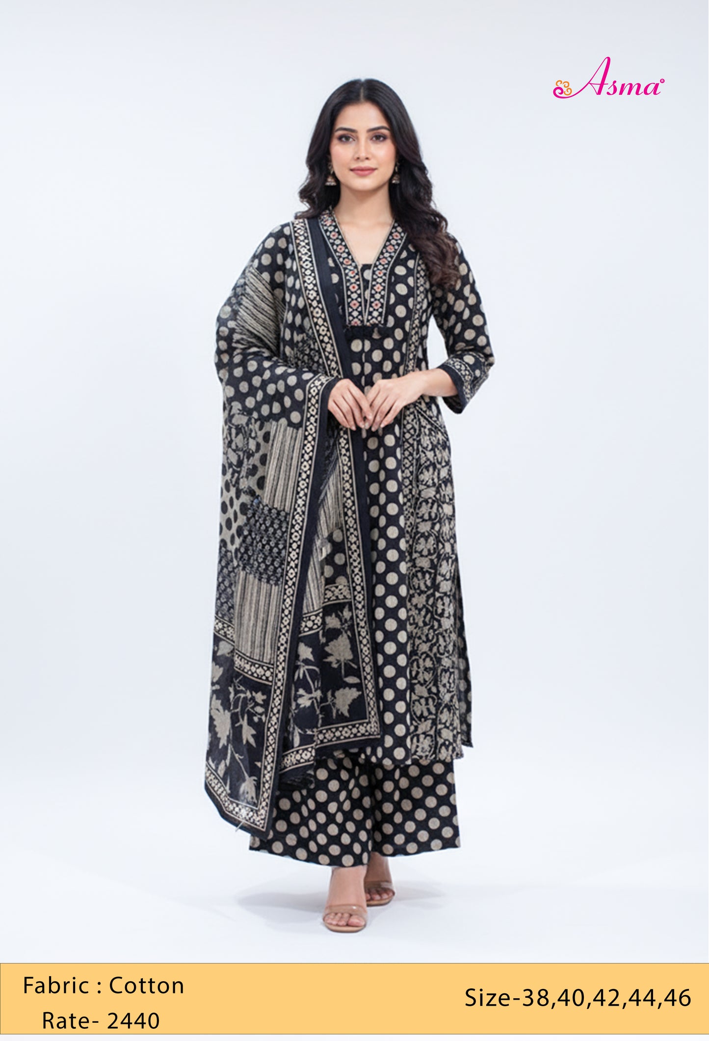 Black & Beige Polka Dot Printed Kurta Set with Dupatta & Straight Pants