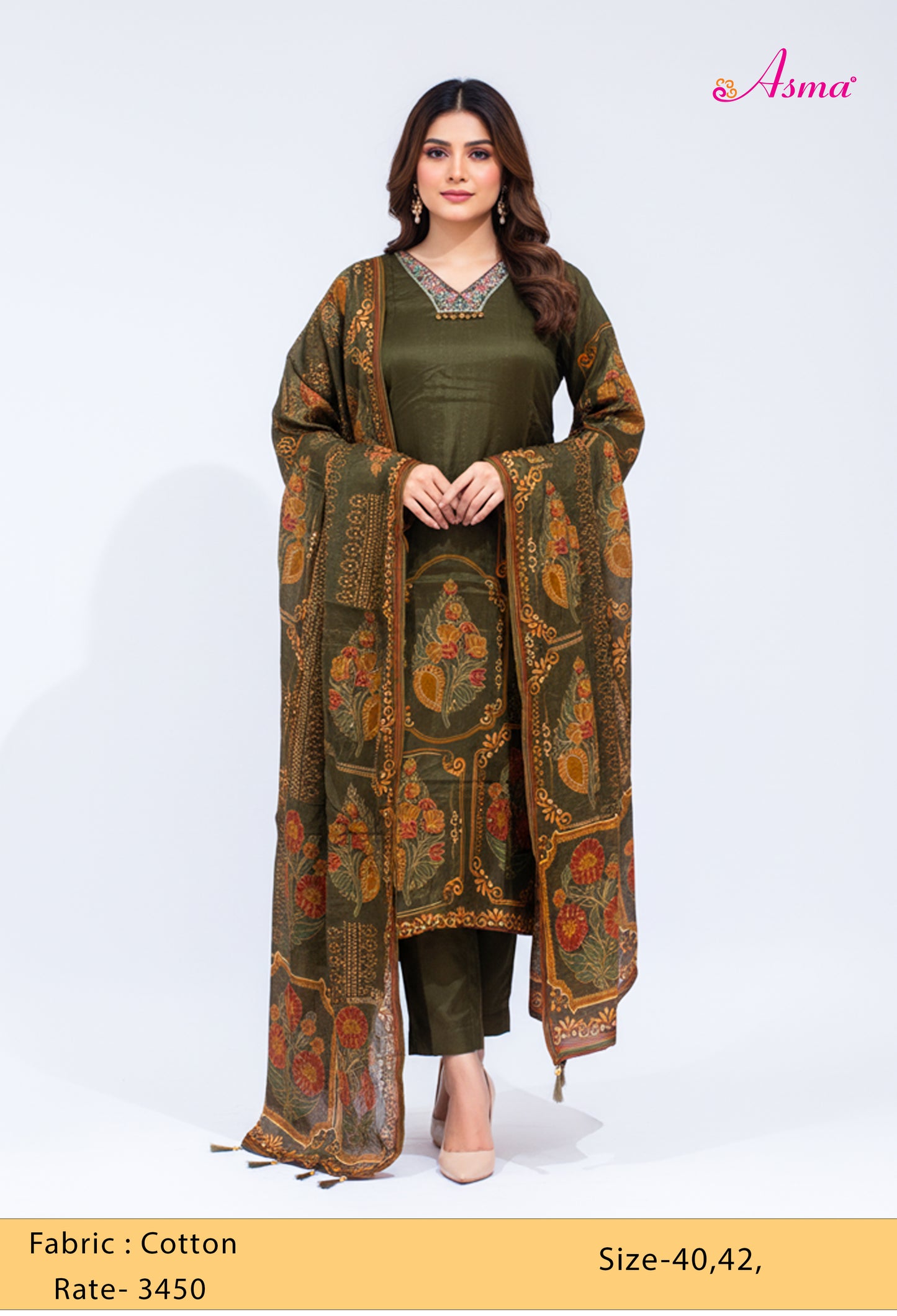 Olive Green Floral Printed Kurta Set with Dupatta & Straight Pants
