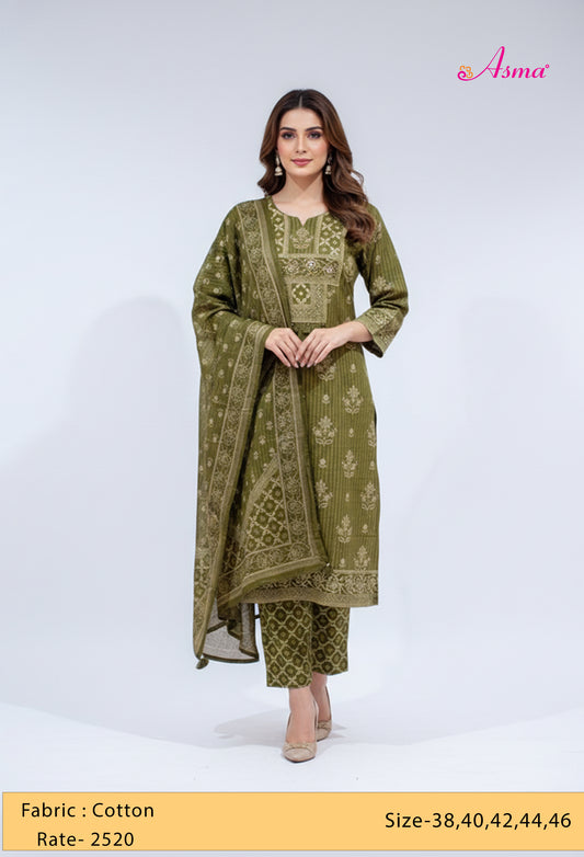 Olive Green Printed Kurta Set with Dupatta & Straight Pants