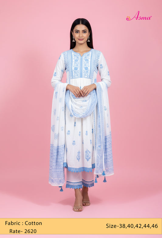 White & Sky Blue Embroidered Kurta Set with Dupatta & Straight Pants