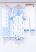 White & Sky Blue Embroidered Kurta Set with Dupatta & Straight Pants