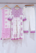White & Lilac Embroidered Kurta Set with Dupatta & Straight Pants