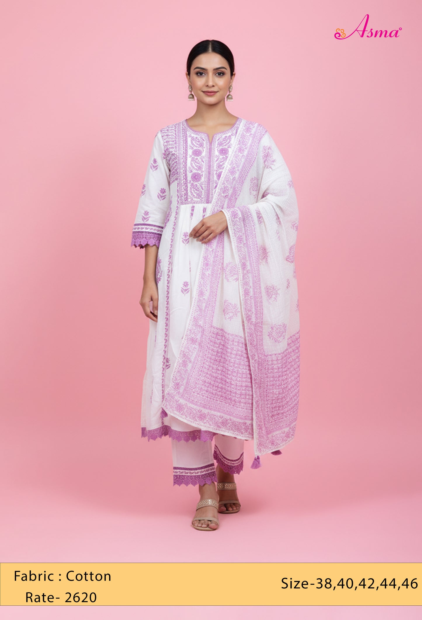 White & Lilac Embroidered Kurta Set with Dupatta & Straight Pants