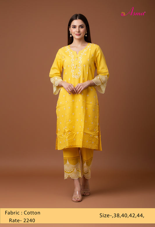 Bright Yellow Embroidered Kurta Pant Set for Women