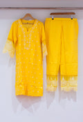 Bright Yellow Embroidered Kurta Pant Set for Women