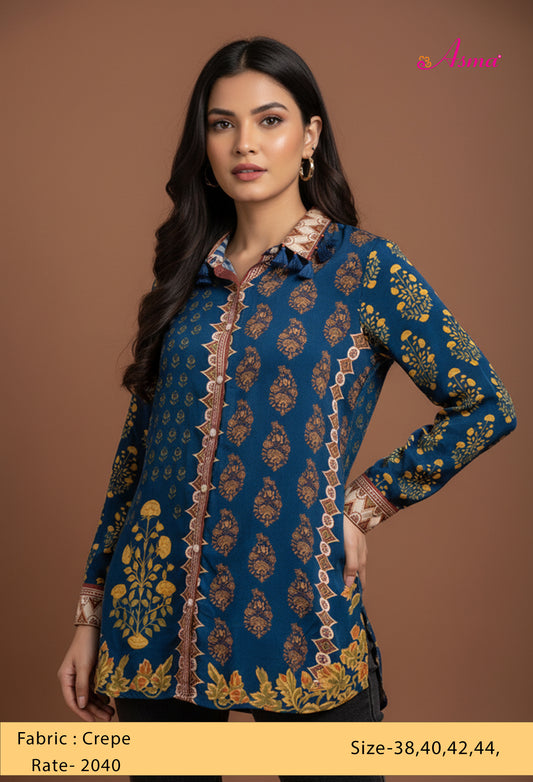 Teal Blue Floral Printed Kurti with Tassel Detail