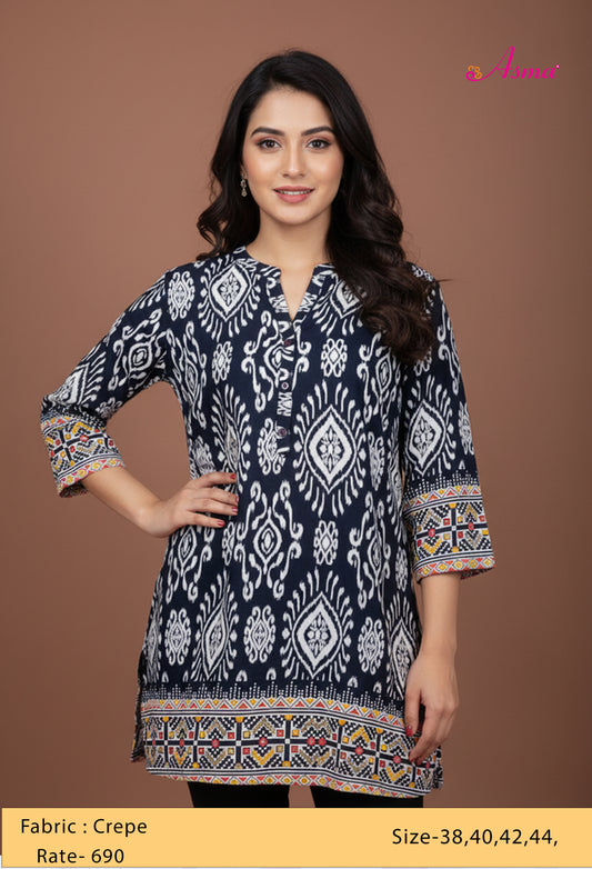Dlassic Black & White Ethnic Printed Kurti with Contrast Borders "