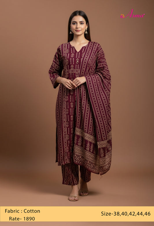 Classic Maroon Ethnic Printed Kurta Set with Dupatta