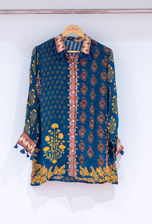 Teal blue floral printed kurti with tassel detail – product image 2
