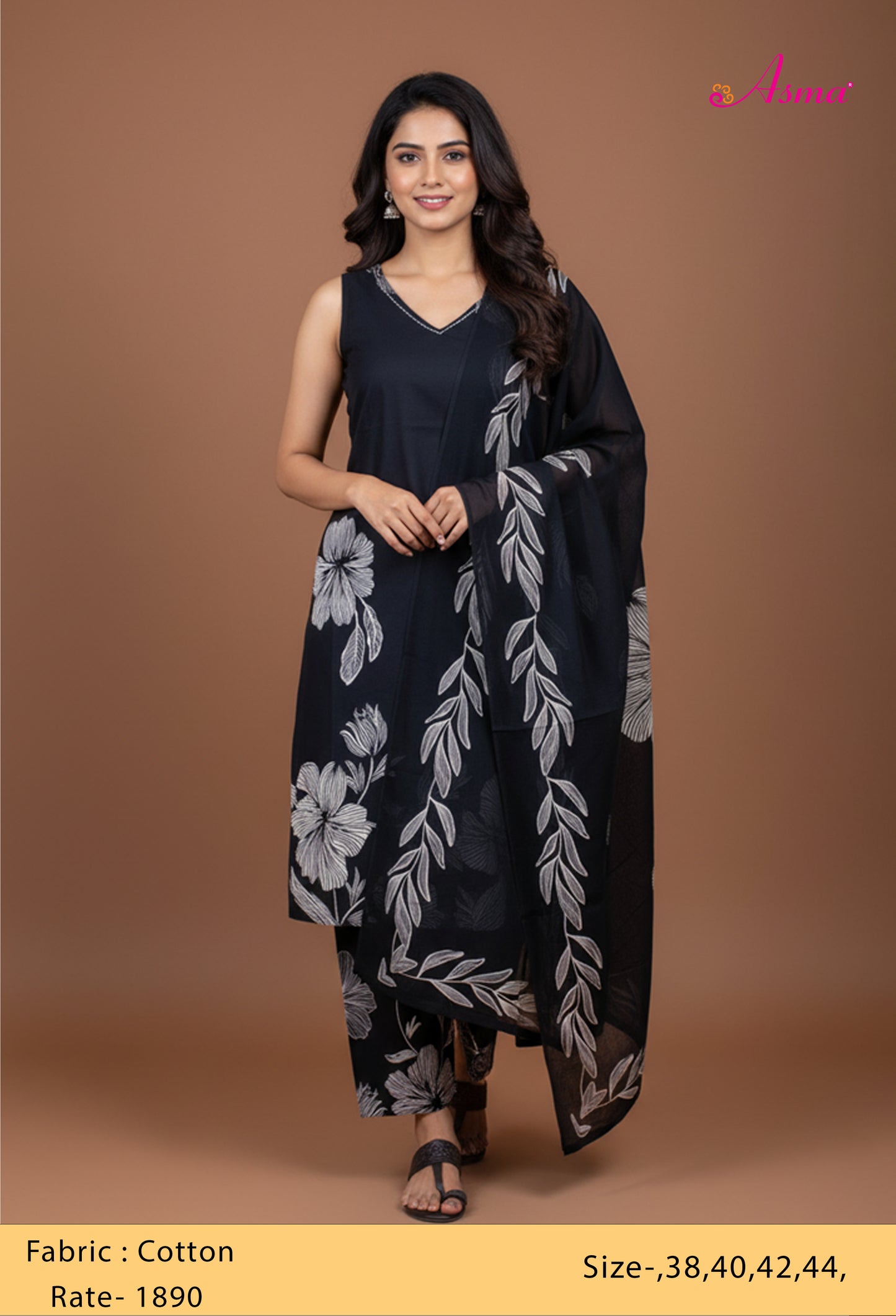 Elegant Black Floral Sleeveless Kurta Set with Dupatta