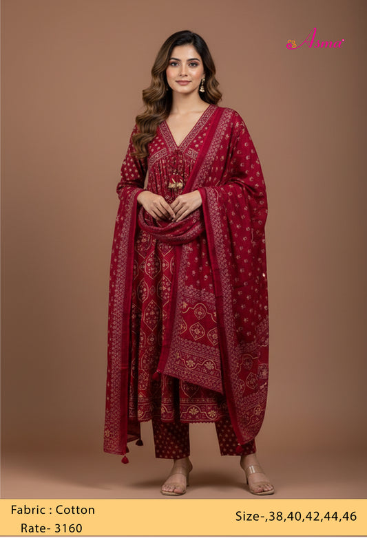 Elegant Red Printed Kurta Set with Dupatta for Women